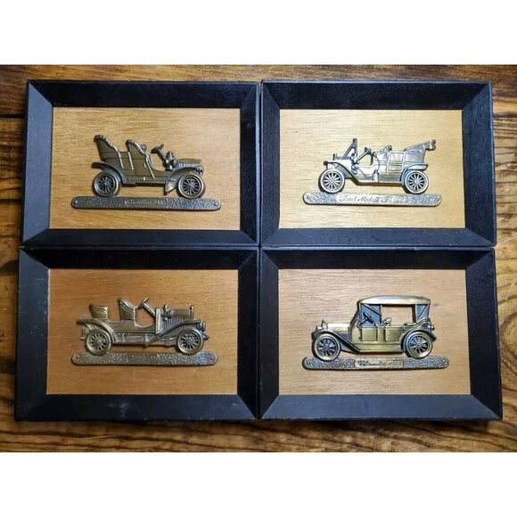 Other - 4 Vintage Framed Brass Wall Hangings Plaques Buick Chevrolet Automobiles Japan